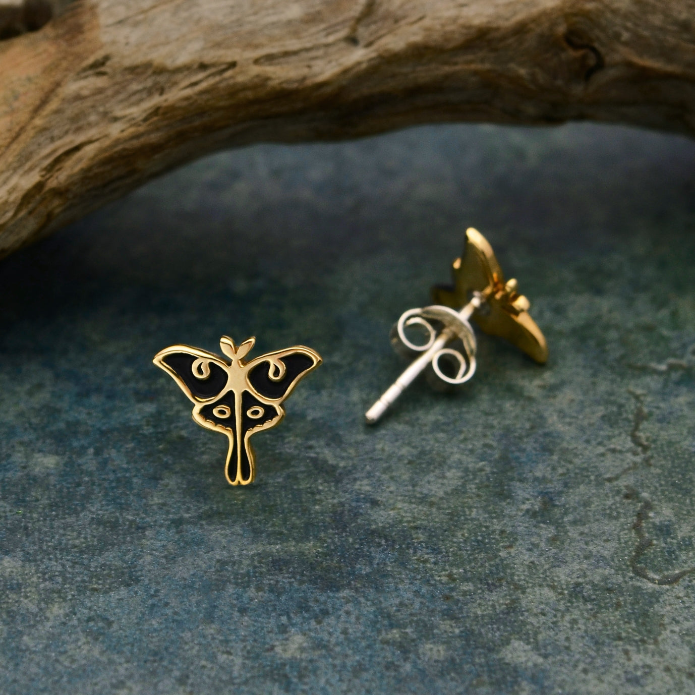 Gold Luna Moth Stud Earrings 9x10mm