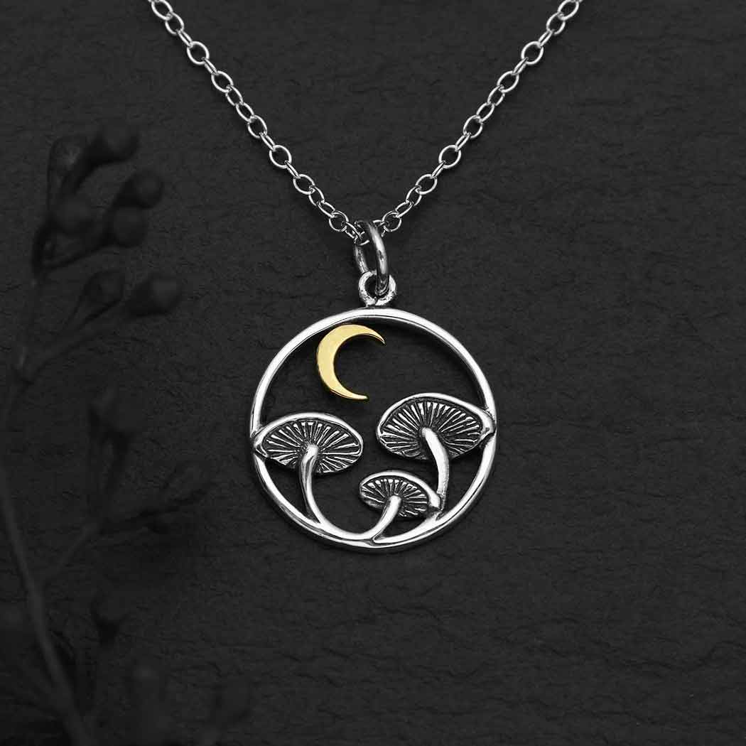 Sterling Silver Mushroom Necklace with Bronze Moon