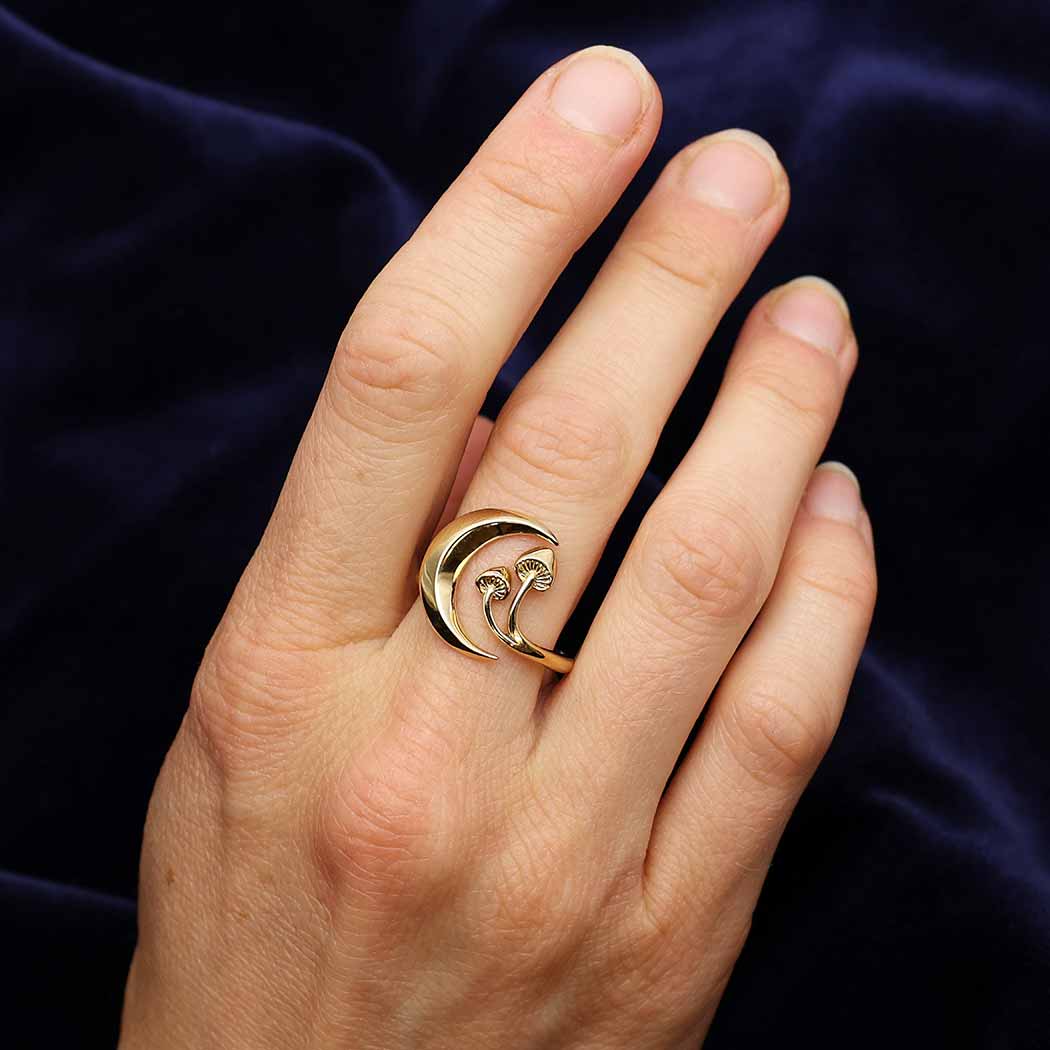 Gold Crescent Moon and Mushroom Ring