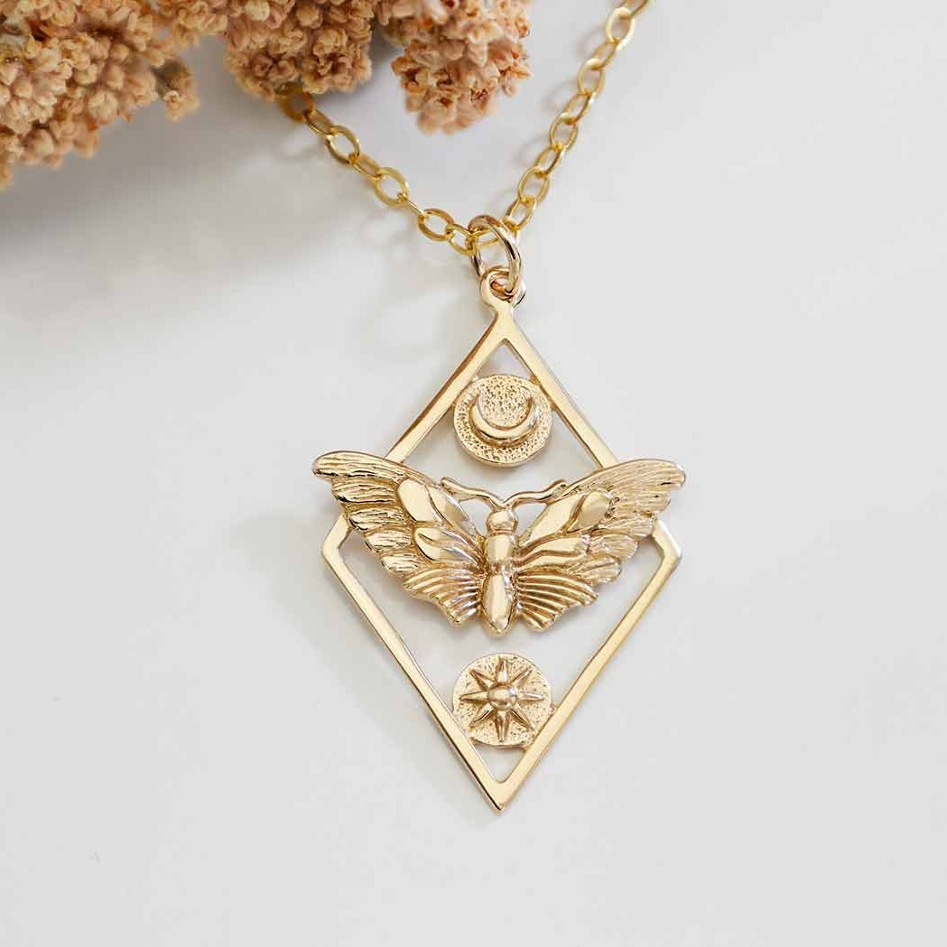 Gold Geometric Moth Sun & Moon Necklace